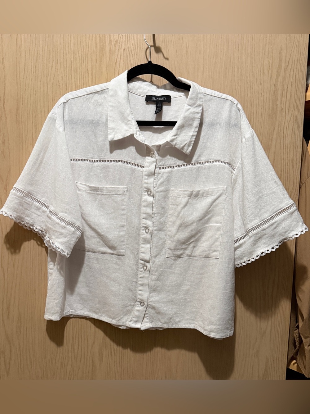 Ellen Tracy White Linen Blend Camp Shirt Lace Trim Size L